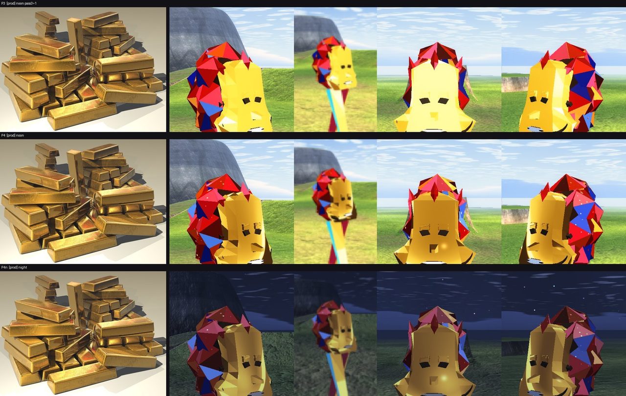 Orlequin — Gilt's creature, level 5 - Pass 3 (rows 1) and pass 4 (rows 2 and 3: noon, night) beside a real gold photograph, from the shipped shader: three yaws and the 240p read. Judged by eye in motion too (the orbits).