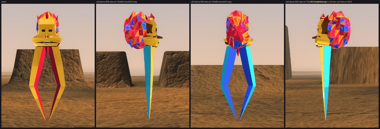 Orlequin — Gilt's creature, level 5 - Front, side, back, other side: one face