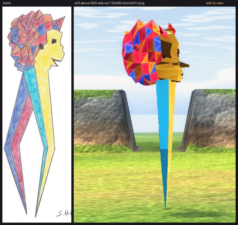 Orlequin — Gilt's creature, level 5 - The side sheet beside the lit side view: forehead, nose and mouth jutting forward, the calmer faceted crown, its crimson, orange and blue triangles laid like the drawing's, and its scalloped outline (pass 7's plates; not re-made for passes 8-9)
