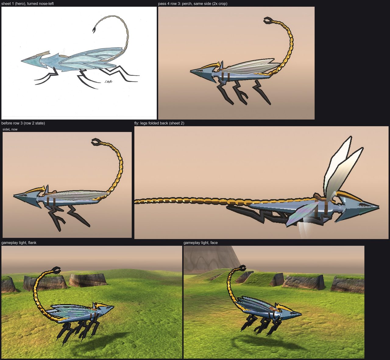 Temper — Gilt's creature, level 6 - Row 3: legs, feet and wings against sheet 1 at matched poses