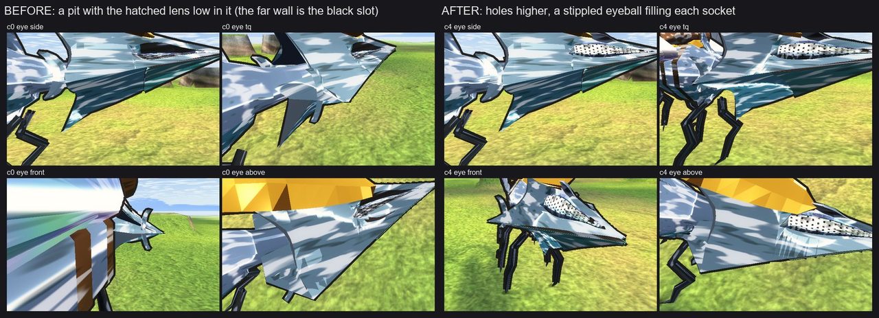 Temper — Gilt's creature, level 6 - Eyes before and after: an eyeball in a higher socket; at gameplay distance it is still a thin slit (open)