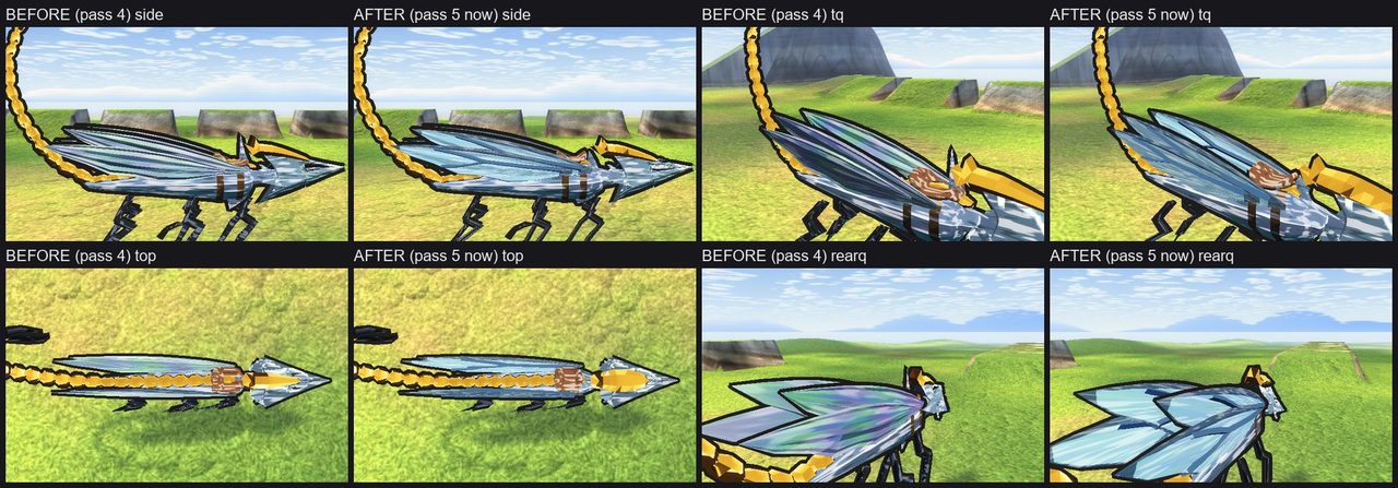 Temper — Gilt's creature, level 6 - Form, pass 4 beside pass 5 through the same four cameras: crest, spike, saddle, legs, neck
