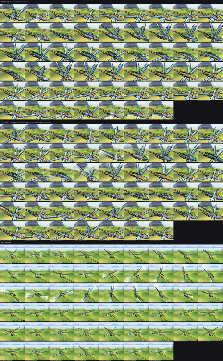 Temper — Gilt's creature, level 6 - The barrel roll, every frame, before and after: wind-up, fast snap with afterimage fans, catch