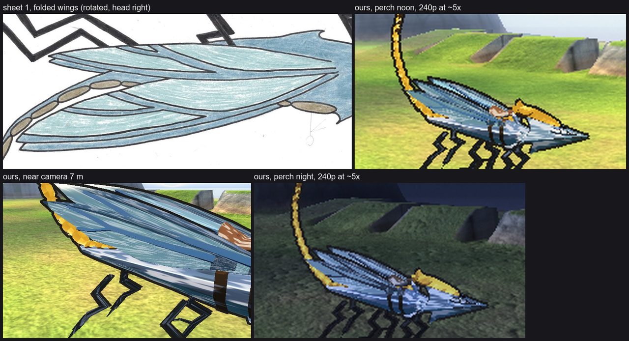 Temper — Gilt's creature, level 6 - Our wing beside the concept sheet's: a dark frame and struts holding a pale blue membrane; the zigzag fork is open