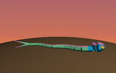 Zixxtrixx, a green and pink serpent, slithering across dry ground while the camera orbits
